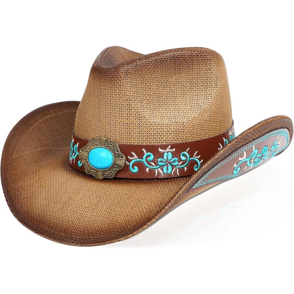 Straw Cowboy Hat Wide Brim Sun Protection Unisex Western Festival Accessory